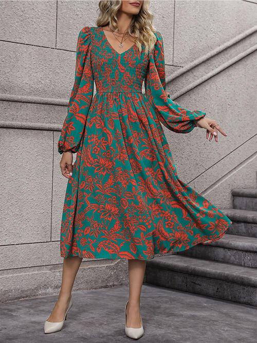 Printed Smocked V-Neck Dress with Balloon Sleeves