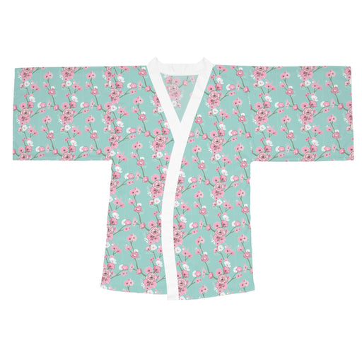 Cherry Blossom Patterned Bell Sleeve Kimono Robe with Belt