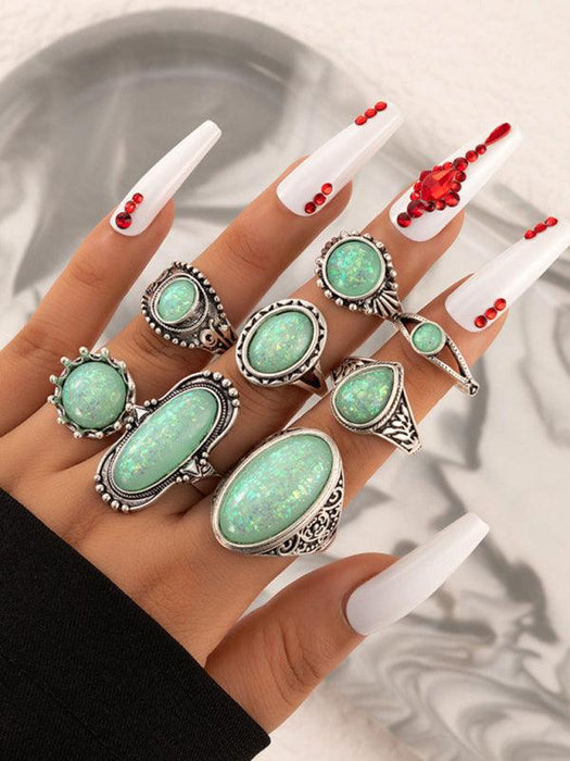 Turquoise Boho Feather Ring Collection - 8 Pieces with Cultural Flair