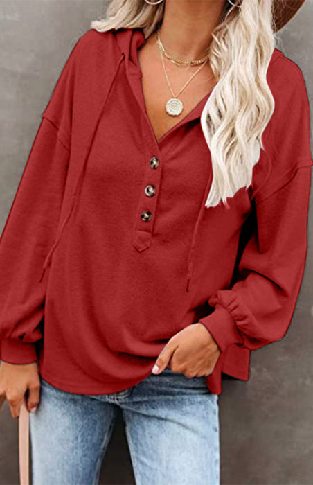 Lantern Sleeve Button-Up Hooded Sweater for Ladies