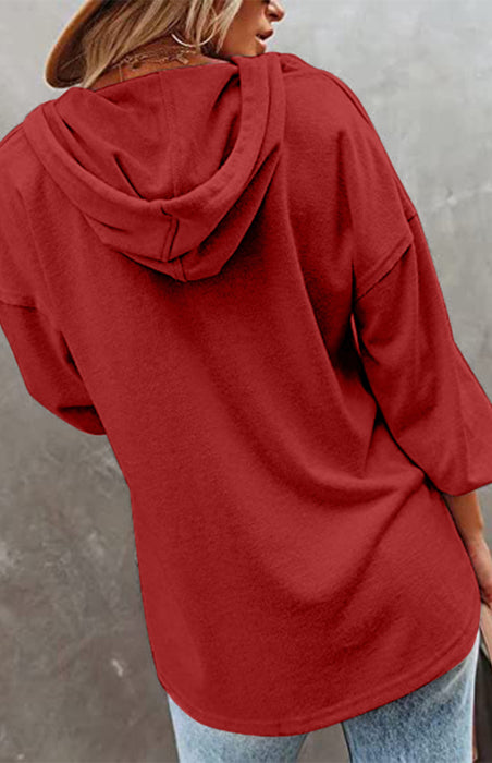 Lantern Sleeve Button-Up Hooded Sweater for Ladies