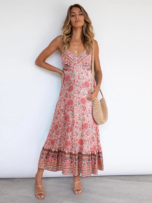Bohemian Floral Print Sleeveless Sundress with Adjustable Straps