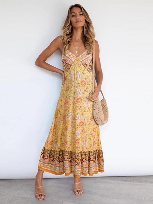 Bohemian Floral Print Sleeveless Sundress with Adjustable Straps