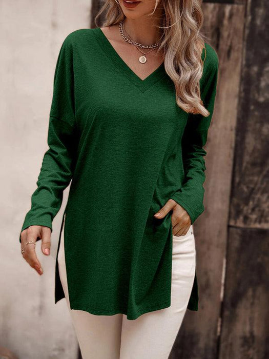 Versatile Solid Color V Neck Longline T-Shirt with Side Slits - Women's Casual Essential