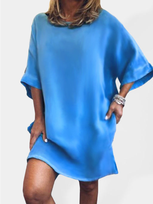 Ladies' Linen Blend Tunic Dress with Stylish Hem Slit and Three-Quarter Sleeves