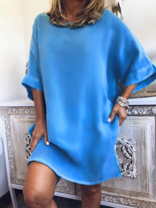 Ladies' Linen Blend Tunic Dress with Stylish Hem Slit and Three-Quarter Sleeves