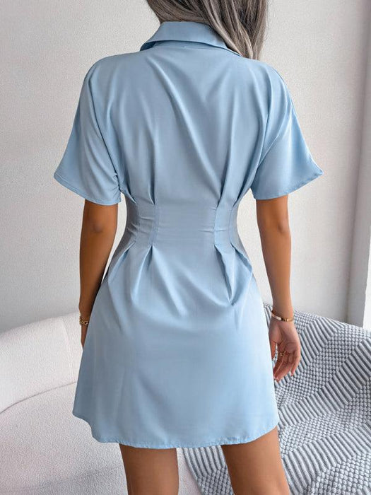 Solid Color Button-Up Shirt Dress for Women with Short Sleeves - Mini Length