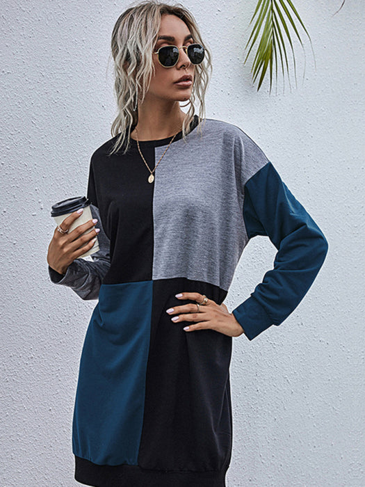 Effortless Style: Chic Color Block Knit Sweater Dress with Long Sleeves and Comfortable Blend
