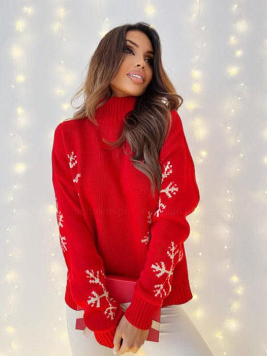 Winter Festive Snowflake Turtleneck Sweater - Women's Cozy Holiday Fashion Choice