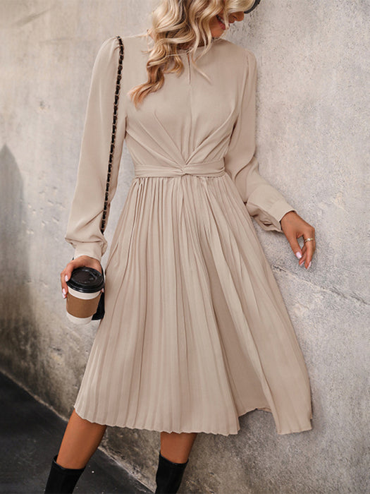 Sophisticated Pleated Waist Long Sleeve Dress for Women - Elevate Your Style