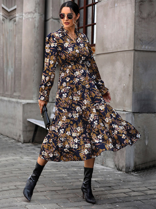 Retro Floral V-Neck Dress with Long Sleeves - Elegant Women's Fashion Choice
