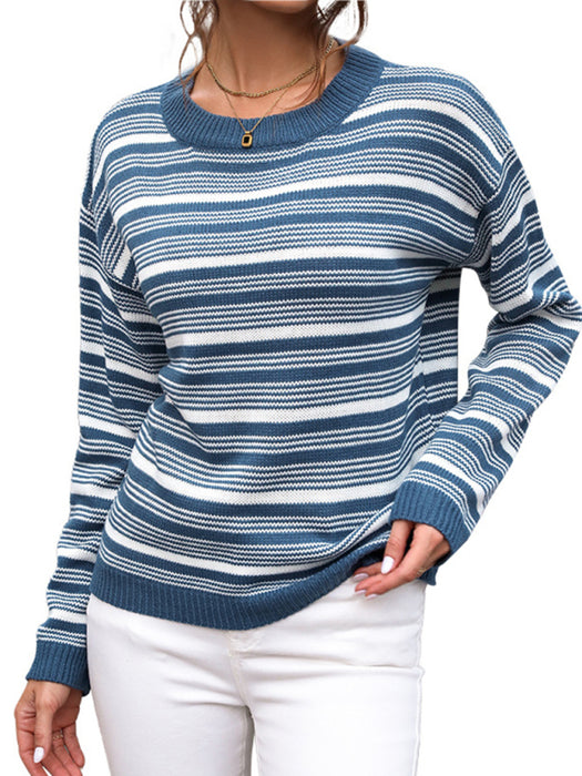 Vibrant Striped Acrylic Knit Sweater with Round Neck for Women