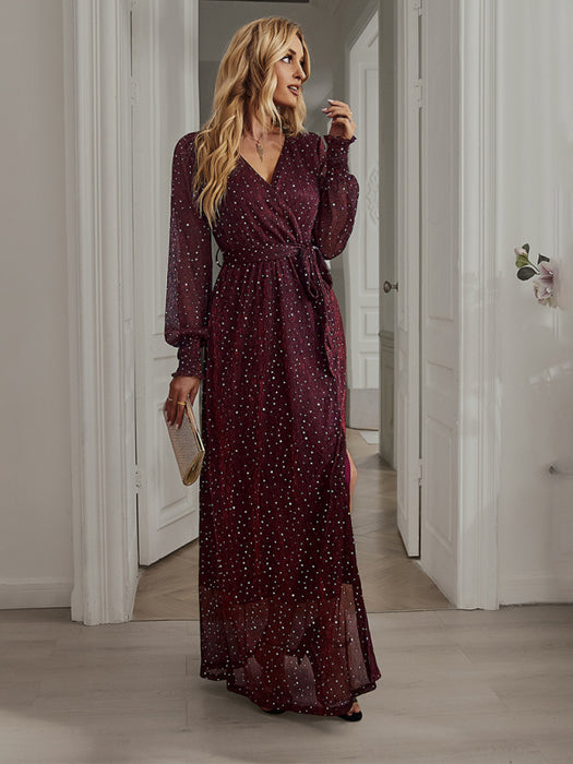 Elegant V-Neck Midi Dress with Defined Waist - Sophisticated Women's Clothing