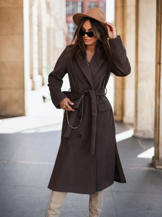 Chic Women's Wool Blend Jacket with Sophisticated Suit Collar and Tie-Up Accent