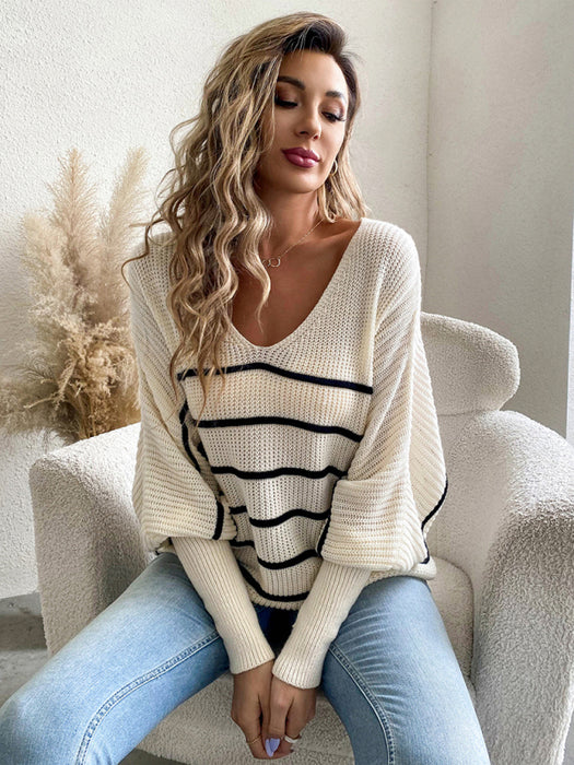 Timeless Elegance: Striped V-Neck Sweater for Women - Cozy Knitwear with Effortless Style