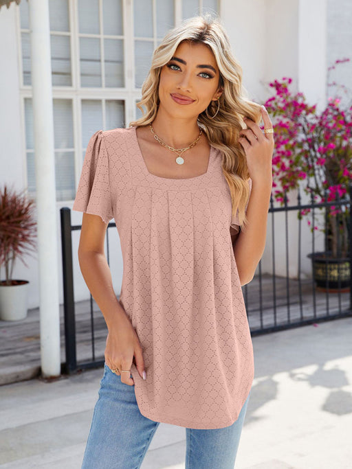 Elegant Bell Sleeve Pleated T-Shirt with Chic Square Neck - Stylish Women's Top