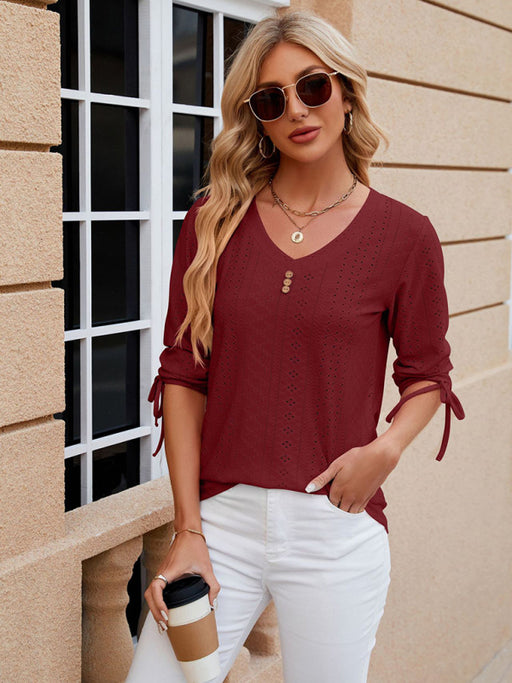 Button Accent V-neck Drawstring Loose Fit T-shirt with Three-Quarter Sleeves