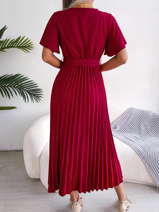 Elegant V-Neck Chiffon Maxi Dress - Women's Graceful Pleated Dress