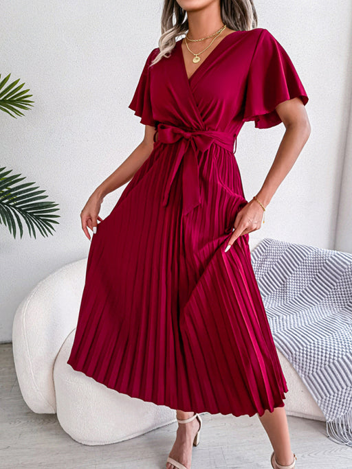 Elegant V-Neck Chiffon Maxi Dress - Women's Graceful Pleated Dress