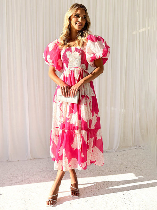 Boho Chic One-Shoulder Dress with Printed Puff Sleeves