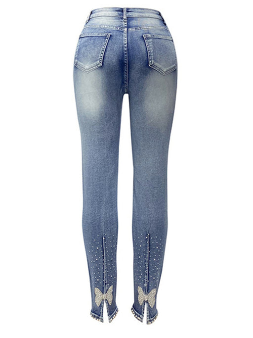 Glamorous Beaded Distressed Denim Skinny Jeans with Intricate Embellishments for Women