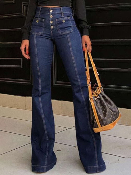Chic High-Waisted Flared Denim Pants: Trendy Stretch Trousers for Women