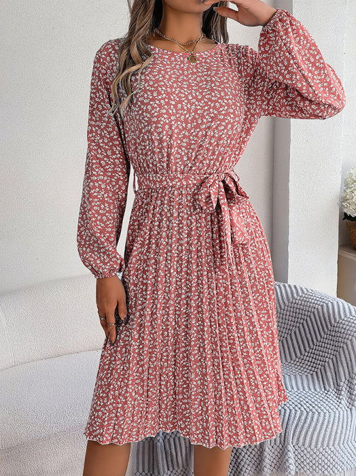 Floral Elegance: Stylish Long-Sleeve Dress with Pleated Hem for Women