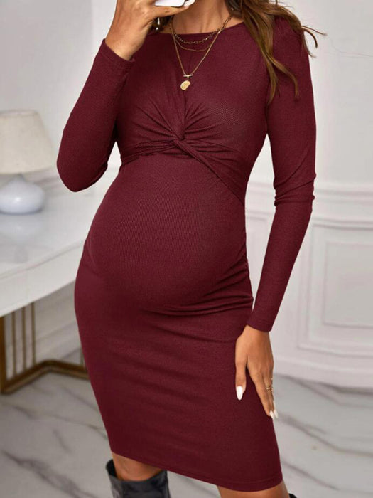 Elegant Maternity Knit Dress with Round Neck and Long Sleeves