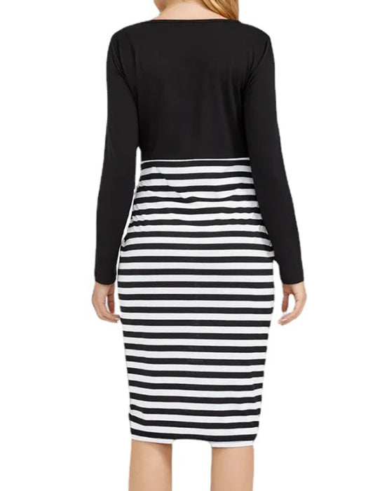 Striped Maternity Dress: Plus Size Long Sleeve Round Neck Pregnancy Wear - Autumn-Winter Essential