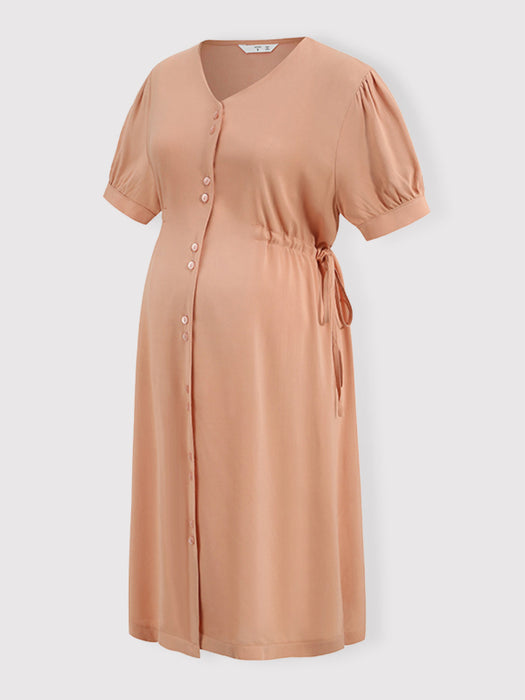 Stylish V-Neck Maternity Dress with Adjustable Waist and Chic Button Accents
