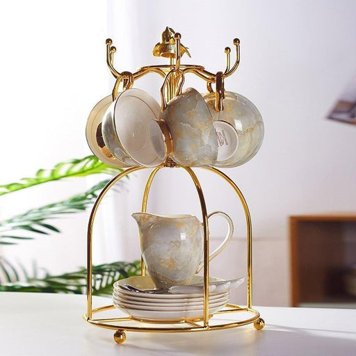 Elegant Marbled Bone China Tea Set with Chrysanthemum Design: Luxurious 21-Piece Porcelain Collection