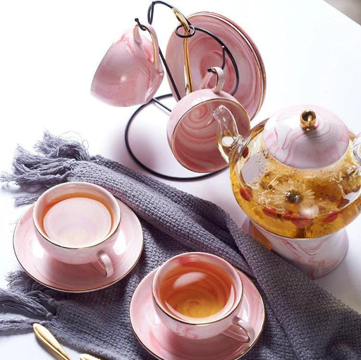 Golden Marbled Porcelain Tea Set with Opulent Gold Accents