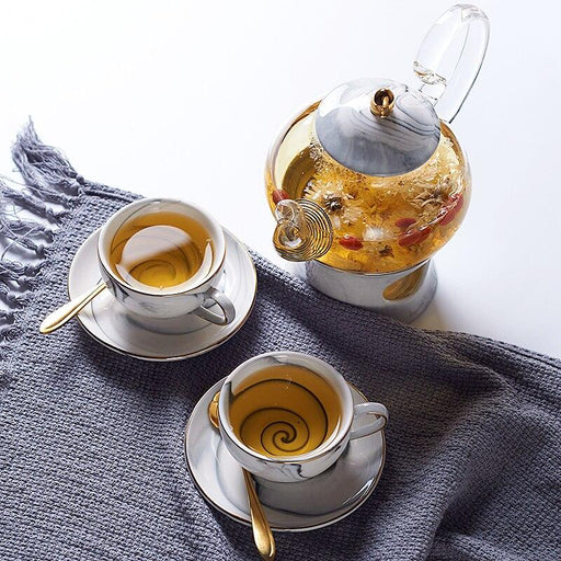 Opulent Marble Effect Tea Service Set with Gilded Accents
