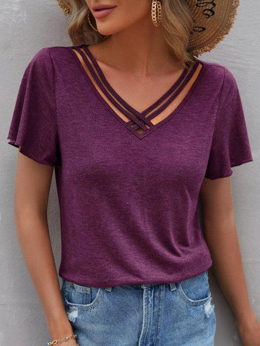 Stylish Cross Straps V-Neck Tee with Relaxed Dropped Shoulder Sleeves