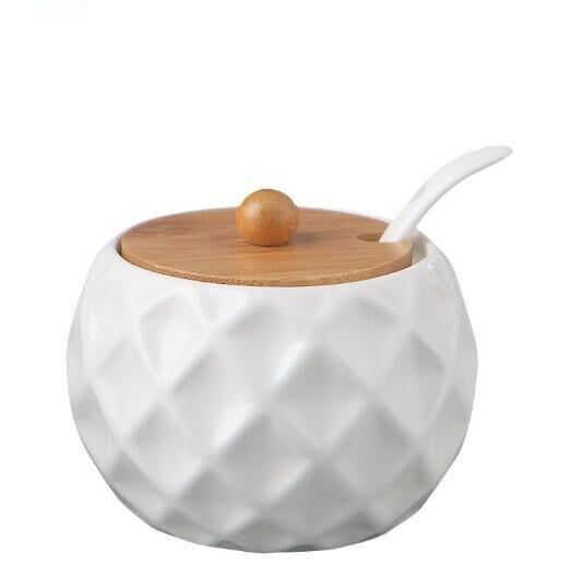 Symbolic Spoon Ceramic Spice Jar Set with Wooden Lid - Elegant Kitchen Seasoning Box