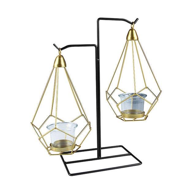 Elegant Gold Geometric Candle Holder Set with Matching Glass Cups