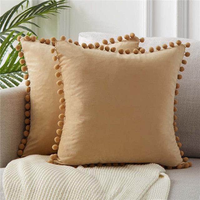 Velvet Pom-Pom Embellished Cushion Cover for Elegant Home Styling