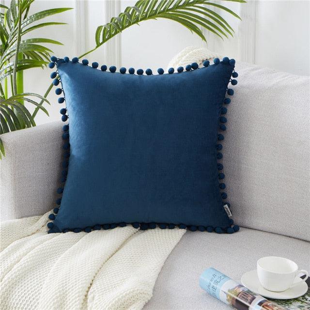 Velvet Cushion Cover with Pom-Pom Embellishments for Chic Home Decor