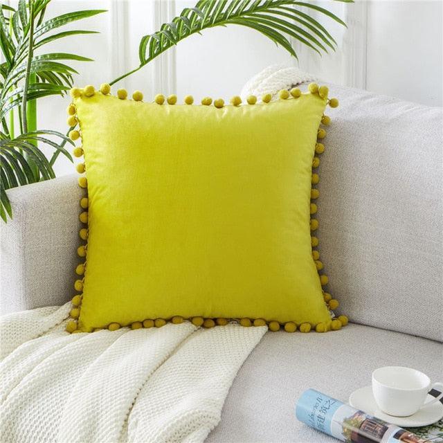 Velvet Cushion Cover with Pom-Pom Embellishments for Chic Home Decor