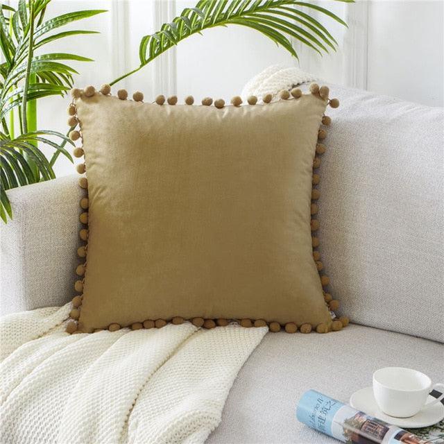 Velvet Pom-Pom Embellished Cushion Cover for Elegant Home Styling