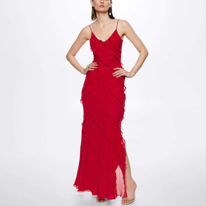 Romantic Ruffle Straps: Backless Maxi Dress with Elegant Side Slit